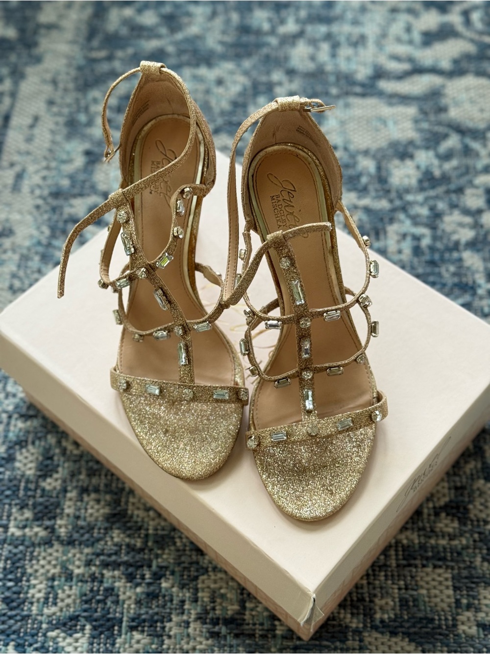 Badgley Mischka Gold Glitter Strappy Heels with Crystal Baguettes